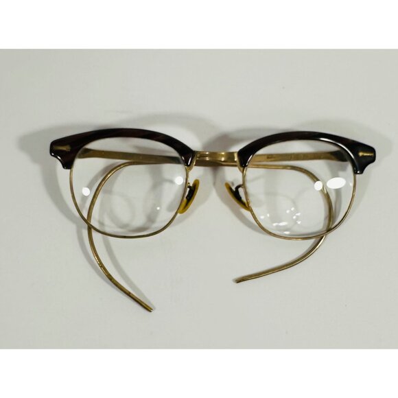 Shuron Vintage Mens Hornrim Glasses Gold Metal Frame Tortoise Trim Leather Case - Picture 5 of 16